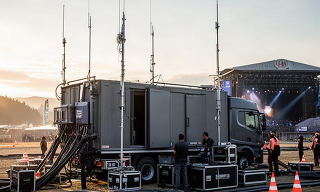 Ü-Wagen mit Antennen und Kabeln beim Aufbau vor einem Musikfestival in Österreich