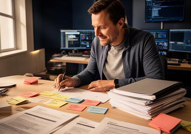 Frankie Mehlmauer bei der Produktionsplanung mit Drehbuchseiten und Zeitplan