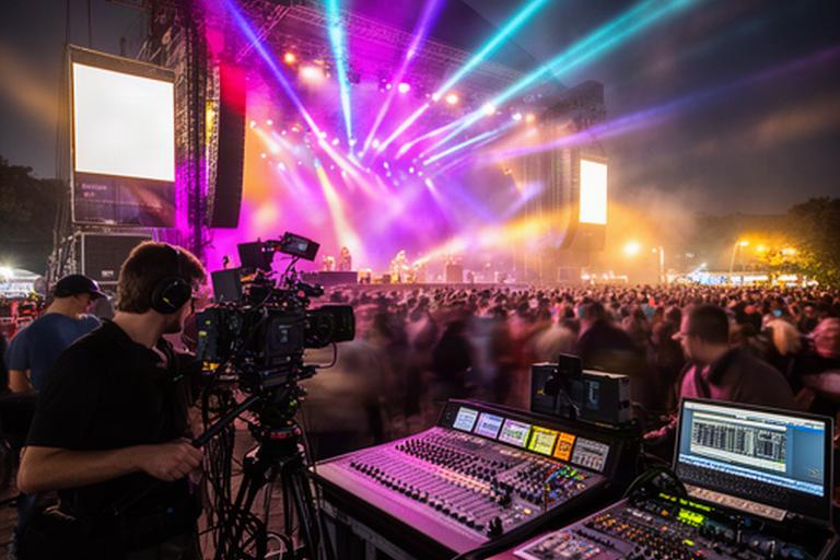 Live-Kamerateam an einer Festivalbühne beim Donauinselfest mit Mischpult und Scheinwerfern