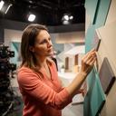 Marlise Schiegl bei der Prüfung eines Bühnenbilddetails in einem Wiener Fernsehstudio