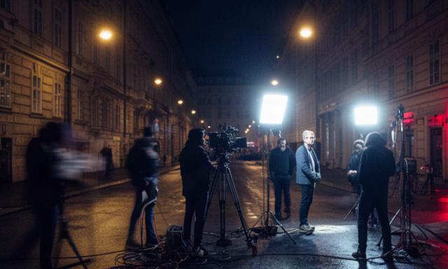 Nächtliche Wiener Straße mit Filmcrew, Scheinwerfer und nachgestellter Krimiserie-Szene