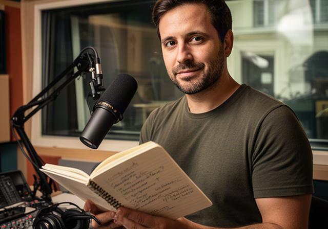 Ansor Fladenhofer mit Notizbuch vor einem Radiostudio in Wien bei der Vorbereitung eines Interviews