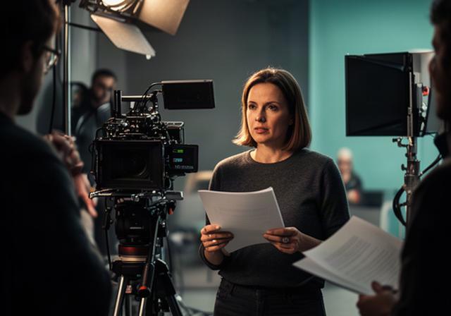 Regisseurin mit Drehbuch am Set einer österreichischen Serienproduktion neben Kamera und Scheinwerfer