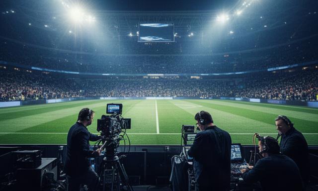 Kameraposition in einer Sportarena mit Übertragungscrew und hell erleuchtetem Spielfeld