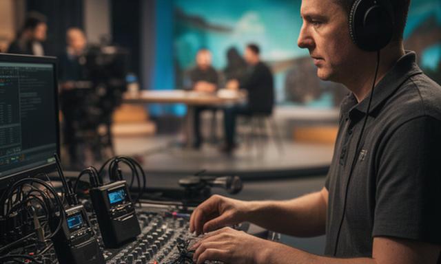 Tonmeister am Set einer österreichischen Fernsehproduktion mit Funkmikrofonen und Audiomischpult
